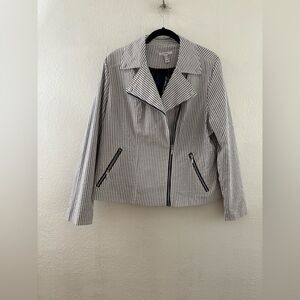 Isaac Mizrahi Live Seersucker Motorcycle Jacket Blue White Stripe Moto size 16